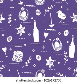 Pattern of Easter symbols: Easter cake, chick, lily, baskets, eggs and other. Design for banner, poster or print.