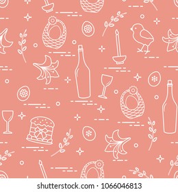 Pattern of Easter symbols: Easter cake, chick, lily, baskets, eggs and other. Design for banner, poster or print.