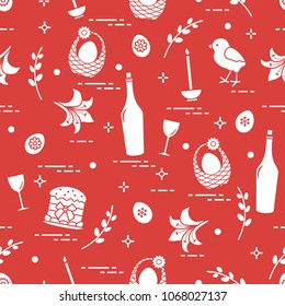 Pattern of Easter symbols: Easter cake, chick, lily, baskets, eggs and other. Design for banner, poster or print.