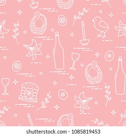 Pattern of Easter symbols: Easter cake, chick, lily, baskets, eggs and other. Design for banner, poster or print.