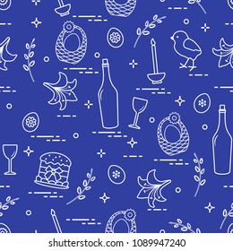 Pattern of Easter symbols: Easter cake, chick, lily, baskets, eggs and other. Design for banner, poster or print.