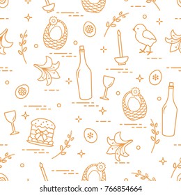 Pattern of Easter symbols: Easter cake, chick, lily, baskets, eggs and other. Design for banner, poster or print.