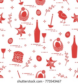 Pattern of Easter symbols: Easter cake, chick, lily, baskets, eggs and other. Design for banner, poster or print.