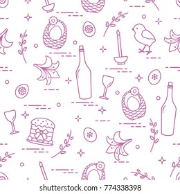 Pattern of Easter symbols: Easter cake, chick, lily, baskets, eggs and other. Design for banner, poster or print.