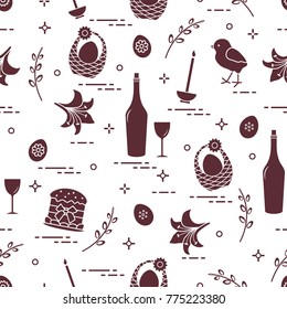 Pattern of Easter symbols: Easter cake, chick, lily, baskets, eggs and other. Design for banner, poster or print.
