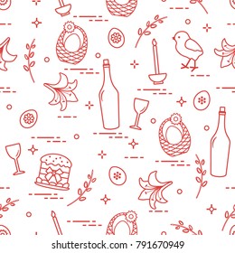 Pattern of Easter symbols: Easter cake, chick, lily, baskets, eggs and other. Design for banner, poster or print.
