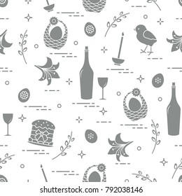 Pattern of Easter symbols: Easter cake, chick, lily, baskets, eggs and other. Design for banner, poster or print.