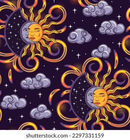 Patrón con eclipse, sol, luna creciente, nubes y estrellas. Personajes de fantasía mitológica con rostro. Magia, mística, concepto astrológico. Para impresiones, ropa, camiseta, diseño de superficie. Estilo retro