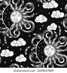 Pattern with eclipse, sun, crescent moon, clouds and stars. Mythological fantasy characters with face. Magic, mystical, astrology concept. For prints, clothing, t shirt, surface design. Retro style