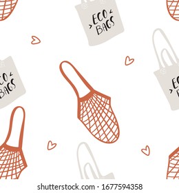 Pattern Eco Bags. Manual of zero-life waste in the vector. durable and reusable products. Eco style. Without plastic. Go green.