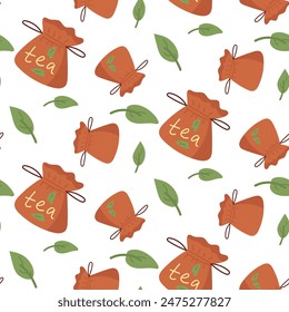 Pattern with eco-friendly tea in natural fabric, filled with crumbly leaf tea. Eco-friendly drinking, collection and storage of tea leaves. Reusable tea bag. Seamless on an environmental theme