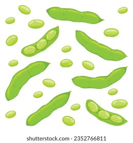 Pattern of Edamame, green peas, beans on a white background, Food hand drawn, vector illustration.