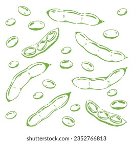 Pattern of Edamame, green peas, beans on a white background, Food hand drawn, vector illustration.