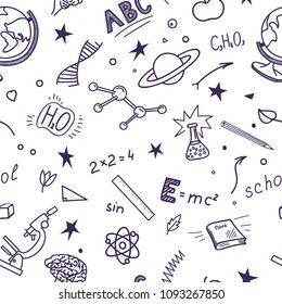 Pattern from education, school, science hand drawn sketches. Vector illustration.