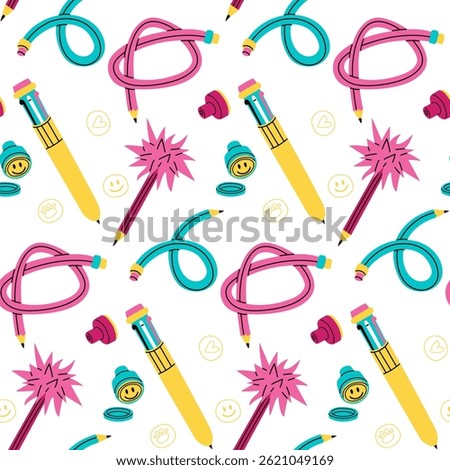 pattern of education subjects of 2000s. flexible pencil, pile pencil, pen with multicolored ink, three-dimensional stamp. Flat color texture. nostalgic stationery item. childhood, school, creativity