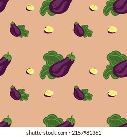 Pattern eggplant. Seamless pattern with eggplant. Whole, half, pieces and leafs. Good for fabric, kitchen potholders, mitts, aprons, tablecloths, coasters. Vector hand draw cartoon illustration.