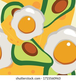Pattern with eggs, cheese, avocado. Stock pattern illustration.