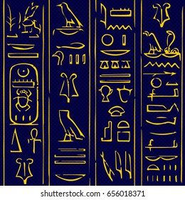 Pattern with egyptian symbols on blue background