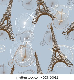 pattern with the Eiffel Tower and bicycles vector in blue
