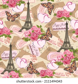 Pattern with eiffel tower and flowers.Eiffel tower, butterflies, postcards and bouquets of roses in a vector pattern collage.