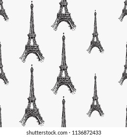 Pattern with Eiffel tower. Hand drawn graphic illustration with French symbols. Vector watercolor style vintage seamless background.