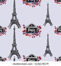 Pattern with Eiffel tower and vintage signboard with rose flowers. Hand drawn graphic illustration with French symbols. Vector watercolor style vintage seamless background.