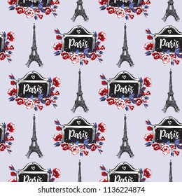 Pattern with Eiffel tower and vintage signboard with rose flowers. Hand drawn graphic illustration with French symbols. Vector watercolor style vintage seamless background.