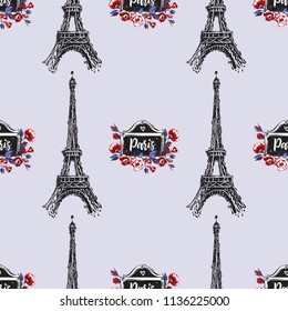 Pattern with Eiffel tower and vintage signboard with rose flowers. Hand drawn graphic illustration with French symbols. Vector watercolor style vintage seamless background.