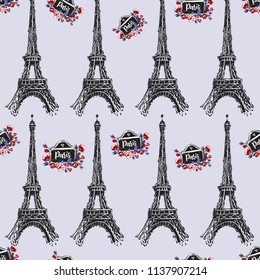 Pattern with Eiffel tower and vintage signboard with rose flowers. Hand drawn graphic illustration with French symbols. Vector watercolor style vintage seamless background.