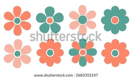A pattern of eight flowers in various colors and arrangements.