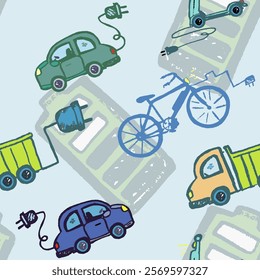 Pattern of Electro car, scooter, truck, bike, battery. Hand draw with texture. Vector, isolated. Colorful, modern, interesting and simple.