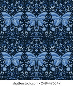 Pattern of elegant beautiful tropical butterflies and plants symmetry isolated on background. Cute flying butterfly insects and leaves for decorative design elements.Vector illustration