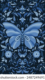 Pattern of elegant beautiful tropical butterflies and plants symmetry isolated on background. Cute flying butterfly insects and leaves for decorative design elements.Vector illustration