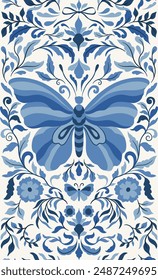 Pattern of elegant beautiful tropical butterflies and plants symmetry isolated on background. Cute flying butterfly insects and leaves for decorative design elements.Vector illustration