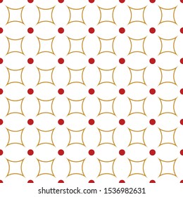 Pattern elegant golden abstract lines and red dots seamless on white background.