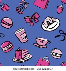 Pattern with elegant pink elements. Hand drawn, isolated, vector. Bow, cup, coffee, macarons, cake, croissant.