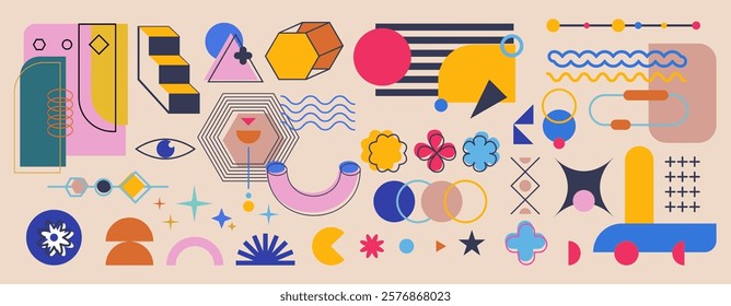 Pattern element design. Abstract geometric forms. Graphic line shapes. Modern retro geometry. Minimalist style decor. Trendy logo texture. Simple figures composition. Vector Memphis art background