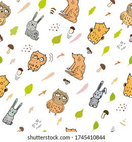patrón con elementos animales, hojas y hongos sobre fondo blanco