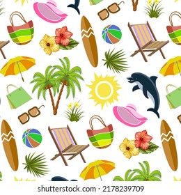 Pattern from the elements of a beach holiday.Bright beach holiday design elements on a transparent background in a vector pattern.