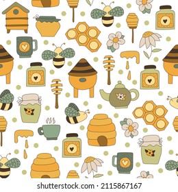 A pattern from the Elements of beekeeping on a light background. Beehive, bees, honey, honeycomb, pot, teapot, cup, spoon, flower. Vector illustration.