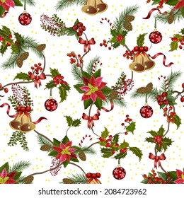 Pattern with elements of Christmas decor.Berries, fir branches with cones, Christmas decorations in a colored seamless vector pattern on a transparent background.