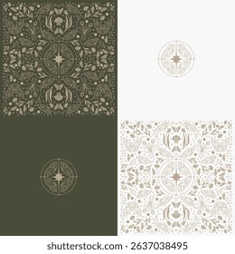 Um padrão com elementos de flores, borboletas, estrelas e vários elementos harmoniosamente combinados em uma imagem completa. O padrão é ideal para embalagens bonitas e elegantes.