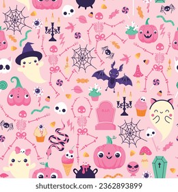 Pattern with elements for Halloween on a pink background. Skeletons, ghosts, pumpkins, bats, cobwebs.