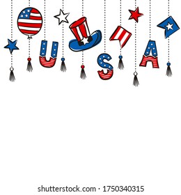 Pattern of elements hanging on chains for USA Independence Day. Background of hand-drawn elements for July 4th in the national colors of the United States of America. Vector illustration for a festive