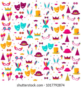 Pattern with elements of a holiday and carnival. Carnival poster, banner with bright party elements - mask, hat, feather, lips, mustache, ice cream, crown, confetti. The concept of the festival.