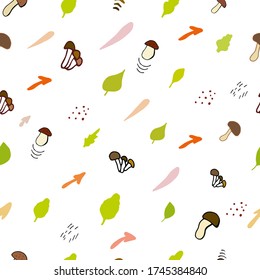 pattern with elements of leaves and fungi on a white background