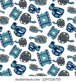 A pattern of elements for movies. All the elements for creating and cutting a movie. Reel, film, slide in cartoon style. Cute flat-style drawings in a blue color scheme on a white background