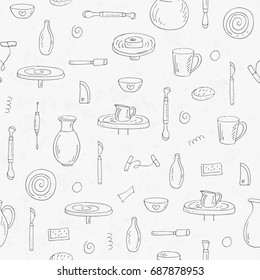 Pattern of elements on a theme of pottery and clay on a white background. Vector illustration in a linear style