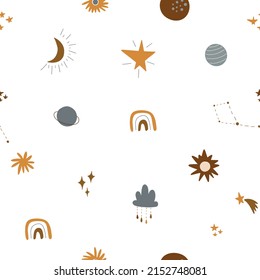 Pattern with elements of outer space in warm colors of boho style. Vector illustration on a white background for the design of textiles and children's room