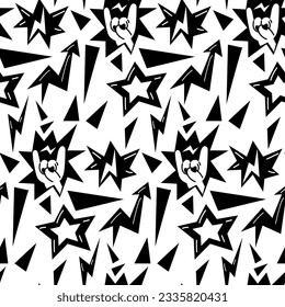 A pattern with elements of punk rock music, seamless on a white background. Black design elements, fingers, hands, star, lightning, explosion, arrow, sharp. Packaging for music festivals in black